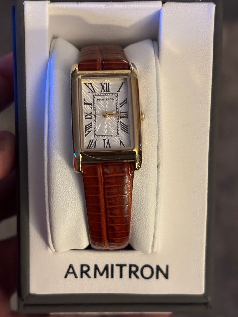Armitron Gold-Tone Rectangular Watch with Brown Leather Strap